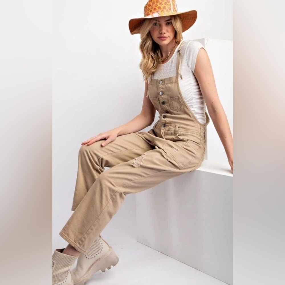 New Easel Tan Twill Distressed Jumper Overalls Small 100% Cotton